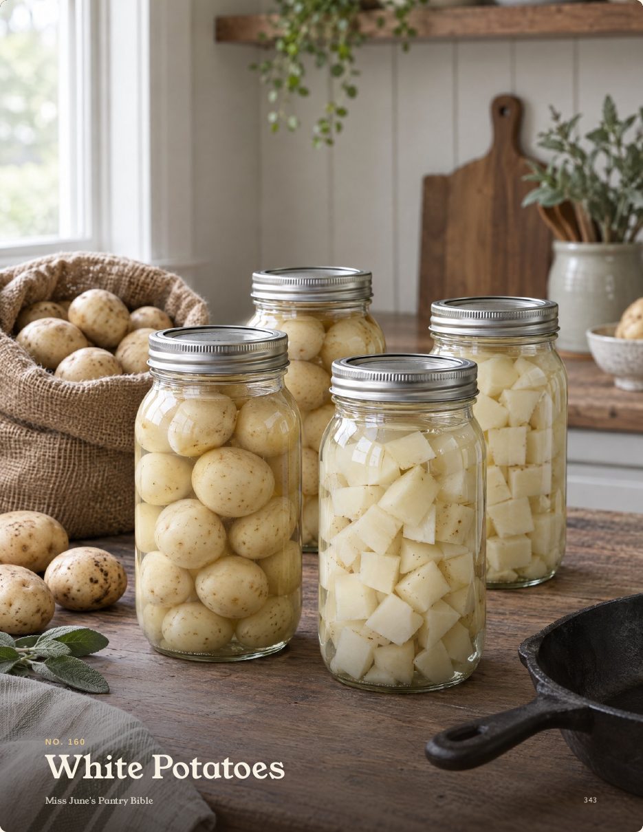 Full-page photo of jars of canned white potatoes